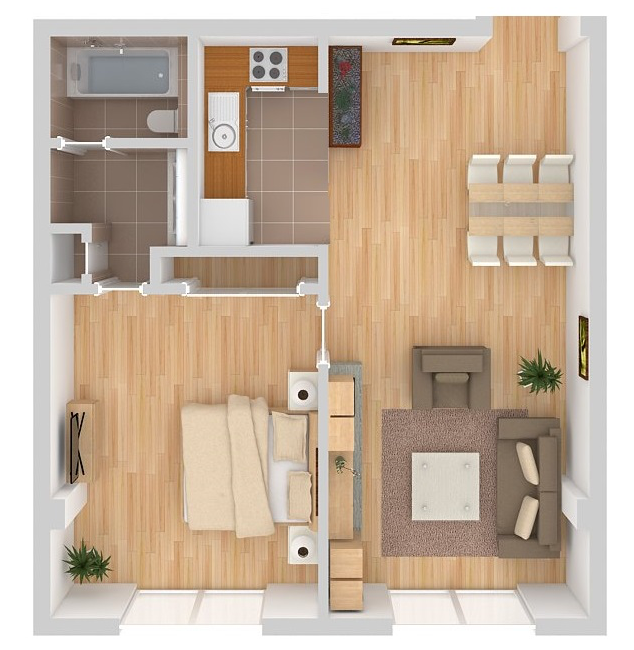 Kira floor plan. Bathroom on the top left, kitchen to the right, then the dining and living room, and the bedroom on the bottom left.